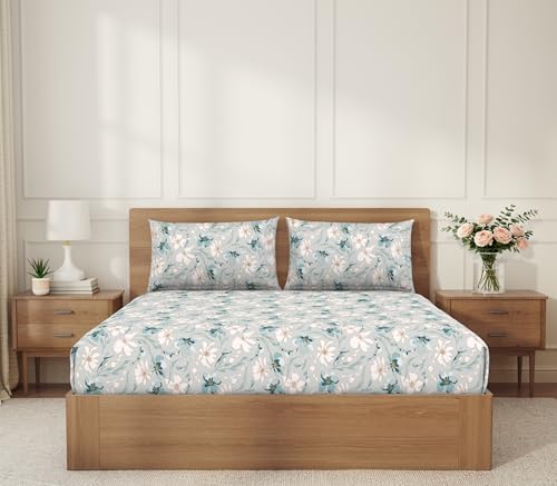 Image of Welspun ENZO King Size Fitted Bedsheet with 2 Pillow Covers | 360 Elastic | 100% Pure Cotton | 72 x 79 Inches | Soft, Breathable, Lightweight & Easy Care | Light Grey