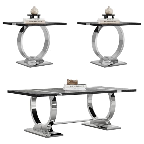 Asday 3 Pieces Living Room Table Set, Black Coffee Table Set with U- Shape Design Silver Polished Stainless Steel Frame, Luxury Living Room Table Set for Bedroom or Accent
