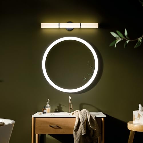 Image of Kichler Rosh 32 inch LED Large Bath Bar Vanity Light Fixture with White Glass in Black, Modern Minimalist for Bathroom Mirror, Fireplace, Buffet, Hallway (32 inch W x 5 inch H), 55189BKLED