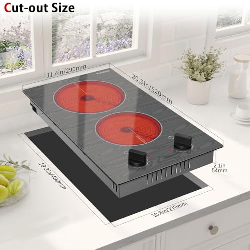 Image of Karinear Electric Cooktop 2 Burners, 110v Portable Electri Stove Top | Knob Control Glass Cooktop, Beautiful Woodgrain Pattern, Built-in Countertop Radiant Ceramic Cooktops, 12 Inch