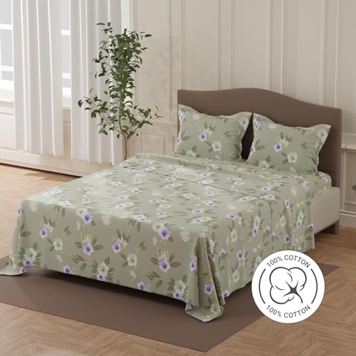 Image of Layers 100% Cotton Bedsheet for Double Size Bed | Lumina Floret Collection | 144 TC Soft & Breathable | Floral Print with 2 Pillow Covers | Wrinkle Free | 3 Piece Bedding Set - Grey & Purple