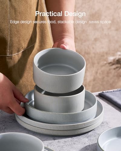 Image of Famiware Star 18-Piece Reactive Glaze Plates and Bowls Sets, Service for 6 - Stoneware Dinnerware with Trim, Modern Rustic Dishes, Chip & Scratch Resistant, Microwave & Dishwasher Safe, Matte Gray