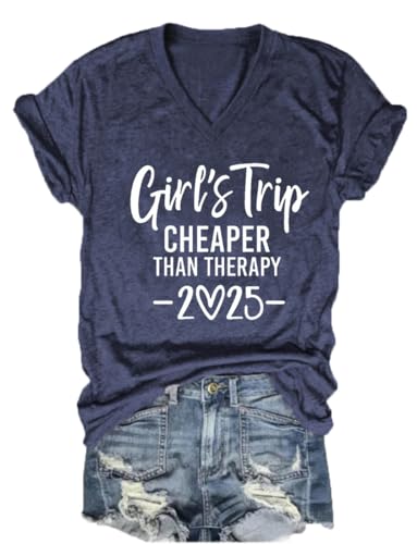 Girls Trip Cheaper Than Therapy Tshirt Women Funny Letter Print Short Sleeve V Neck T Shirt Summer Vacation Tees