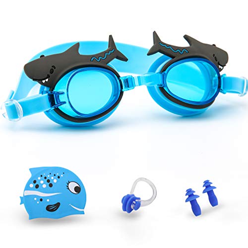 Paranap Goggles Kids and Swimming Cap Anti-Fog Waterproof UV Protection No Leak Soft Silicone Frame and Strap Toddler Goggles Age 3-9 Boys Girls Swim goggles with Earplug Shark Blue