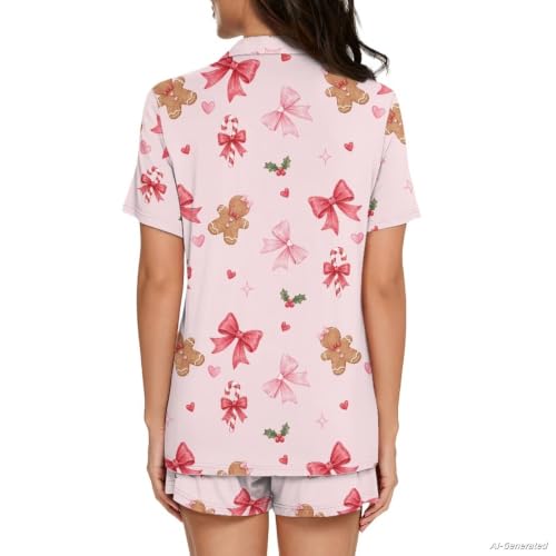 Image of Renewold Button Down Womens Pajama Set Short Sleeve Loungewear Bow Nightwear Sleepwear Night Suit Tops Shorts 2 Pieces