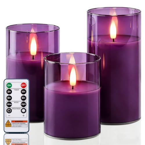 Image of Homemory Purple Glass Flameless Candles, Battery Operated LED Pillar Candles with Remote Control and Timer, Radiance Candles, Real Wax, Set of 3,D3 xH4 5 inch 6 inch