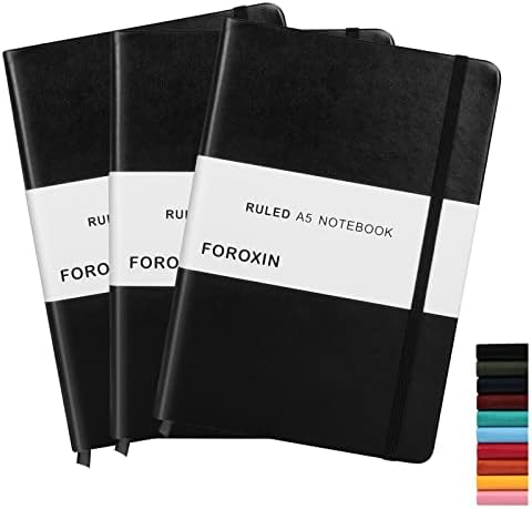 foroxin Lined Journal Notebook Black Leather for Women Men 3 Pack 8.3 x 5.7 Large College Ruled 192 Pages 80gsm Hardcover Notebooks for Work Home School with Elastic Band Closure and Ribbon Bookmark