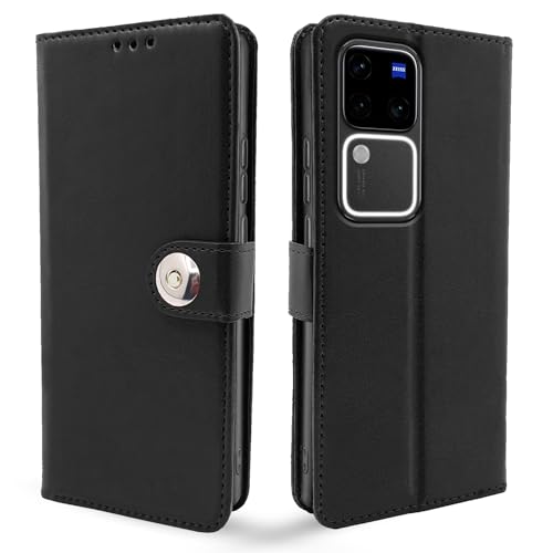 Image of Pikkme Vivo V30 Pro 5G Flip Cover Leather Finish | Inside TPU with Card Pockets | Wallet Stand and Shock Proof | Complete Protection Button Flip Case (Black)