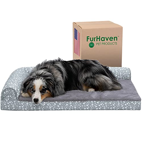 Image of Furhaven Cooling Gel Dog Bed for Large /Medium Dogs w / Removable Bolsters & Washable Cover, For Dogs Up to 55 lbs - Plush & Almond Print L Shaped Chaise - Gray Almonds, Large