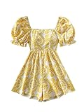 Milumia Women's Boho Floral Print Square Neck Puff Short Sleeve Rompers Jumpsuit Yellow X-Small