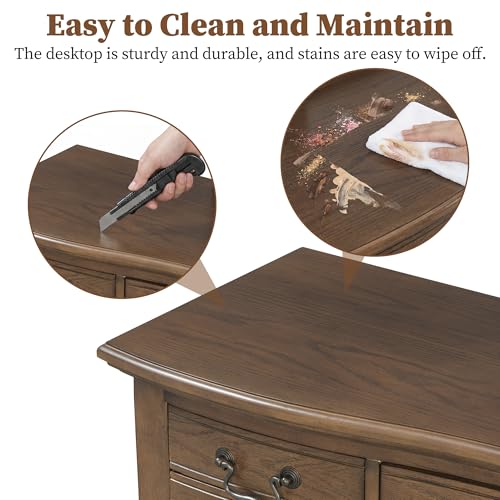 Image of JIVOIT 46 inch Vintage Makeup Vanity Table with Leather Stool, Vanity Desk with Curved Flower Frame Mirror, Dressing Table with 5 Drawers and Antique Handles, Easy Assembly