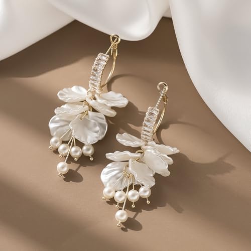 White Pearl Petal Flower Hoop Dangling Earrings For Women,Long Sparkly CZ Cubic Lightweight Women Jewelry Earrings For Wedding Party Bride Bridesmaid4