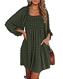BTFBM Womens Long Sleeve Dress Vacation Square Neck Smocked Floral Swiss Dot Mini Boho Spring Wedding Guest Dresses 2026(Swiss Dot Army Green, Small)