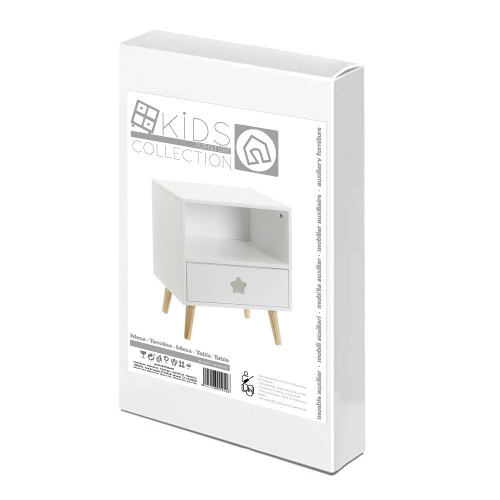 LOLAhome - Mesita de Noche Infantil con Estrella Tallada en Madera de Pino Blanca de 40x30x50 cm. Incluye cajón con guías metálicas para organizar Objetos y Dar un Toque Dulce al Dormitorio.