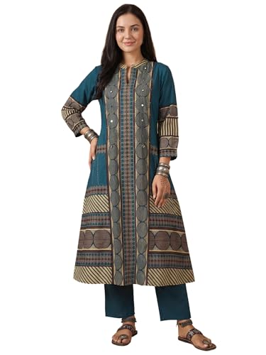 Image of INDO ERA Women's Green Silk Blend Floral Embroidered Straight Festive Kurta & Pant with Dupatta Set
