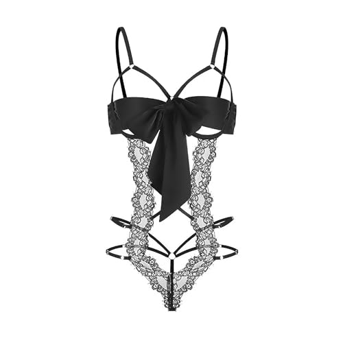 Dessous Damen Sexy Unterwäsche für Frau mit Schleife Sehr Sexy Reizwäche Body Dessous Set Damen Bodysuit Tiefer V-Ausschnitt Reizwäsche One Piece Lingerie Negligee (Style C, Schwarz, Einheitgroß)