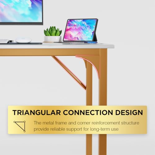 Image of PayLessHere | 39 Inch Computer Desk | White Gold | Sturdy Office Desk | Metal Frame, Adjustable Feet | Water-Resistant, Scratchproof Surface | Writing Table for Home Office or Study | Pack of 1
