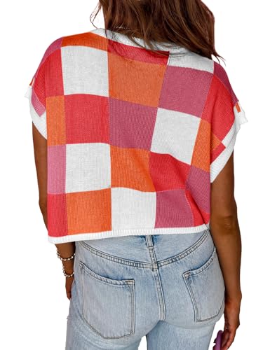 Image of Saodimallsu Womens Cap Sleeve Crop Tops Summer Color Block Going Out Crew Neck Knit Trendy Casual Sweater
