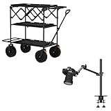 TARION Video Production Camera Cart: Foldable Rolling Cart with 360° Swivel Wheels 3 Shelves Photograhpy Workstation + TARION Camera Arm Mount Desk Stand: Heavy Duty DSLR Desktop Mount Camera Stand