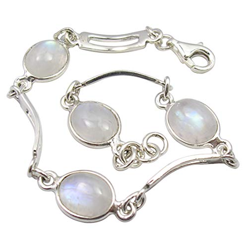 Image of Cabochon Rainbow Moonstone Link Bracelet 7.5 inch Solid Sterling Silver
