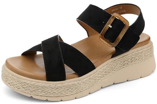 Image of UBFEN Womens Espadrille Platform Sandals Low Wedge Orthopedic Arch Support | Cushion Insole, Comfortable Dressy Buckle Sandals for Walking and Vacation, Low Heel, Adjustable Strap