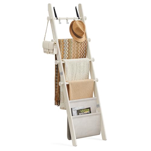 VASAGLE Blanket Ladder for Living Room, 5-Tier Wooden Ladder Shelf, Decorative Farmhouse Blanket Rack with Synthetic Leather Bag, Metal Hooks, Side Hooks, for Bedroom, Cream White ULLS022W01