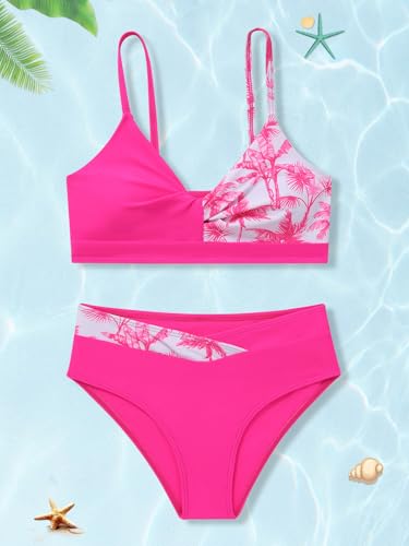 Girls 2 Piece Swimsuit Bikini Set Color Block Tropical Floral Bathing Suit Girls' Cute Swimwear4