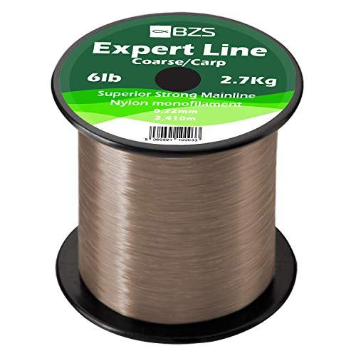 BZS Expert Carp Coarse Fishing Line Nylon Monofilament - Strong Tension High Load String Spool 4lb 5lb 6lb 8lb 10lb 12lb 15lb 20lb 25lb 30lb 40lb 50lb 60lb (Brown, 6lbs 2.7Kg / 2,410m)