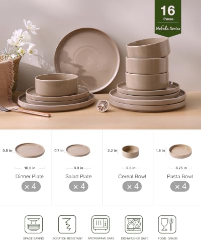 Image of Famiware Nebula Dinnerware Set, 16-Piece Stoneware Plates and Bowls with Pasta Bowls, Service for 4, Microwave & Dishwasher Safe, Cinnamon Brown