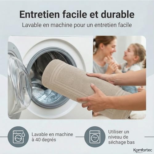 Komfortec Lot de 2 Tapis de Bain, en Tissu éponge, lavables, 600 g/m² et 100% Coton Absorbant et à séchage Rapide, Beige, 50 x 70 cm – vue 4