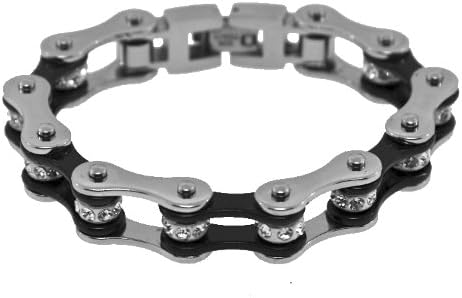 Stainless Steel Two Tone Ladies Black & Crystal Bike Chain Bracelet