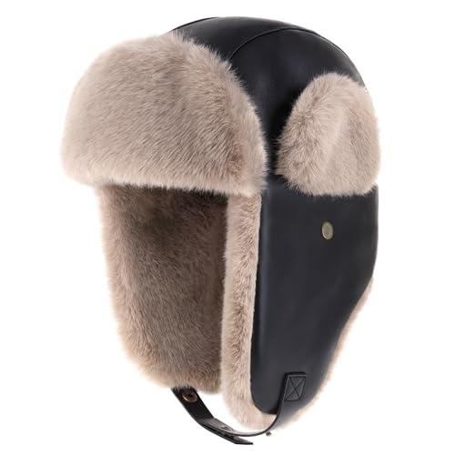 Image of Leather Trapper Hat, Faux Fur Lined Winter Aviator Cap for Women and Men