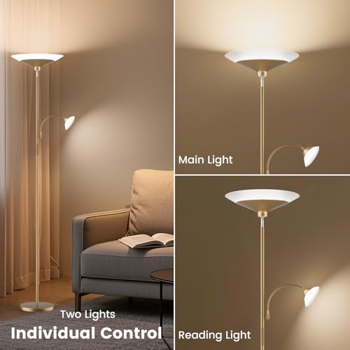 Image of SIBRILLE Gold Torchiere Floor Lamp - 2 Way LED Standing Lamp with Reading Light, Dimmable 72'' Tall Lamp with Remote Color Changing, 34W Mordern Uplighter for Living Room Bedroom Office