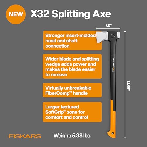 Image of Fiskars X32 Splitting Axe 32 inch, Forged Steel Blade for More One-Strike Splits on Large Logs, Shock-Absorbing FiberComp Handle & Low-Friction Coating for Rust Protection & Easy Removal