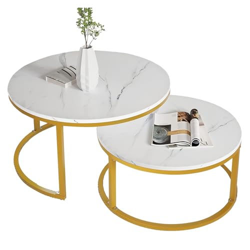 Qcesorib Mesa Auxiliar Sofa con Marco Dorado, Mesa de Centro Redonda, Juego de 2 Piezas de Coffee Table, Marco de Metal Dorado Multifuncional, para Sala de Estar, Dormitorio, Balcón