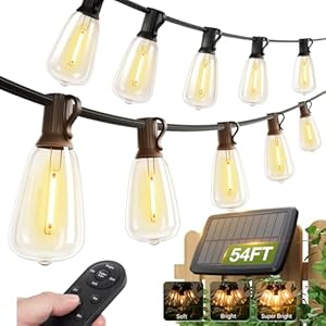 addlon 54(48+6) FT Solar String Lights Waterproof,Patio Lights Solar Powered with Remote & USB Port 15+1 LED Shatterproof Bulbs 3 Light Modes, Dimmable Solar Light for Camping Backyard Garden