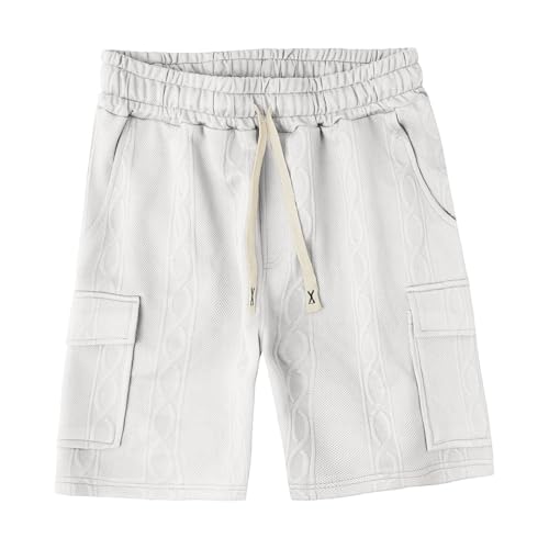 Image of Men's Cargo Shorts Casual Elastic Waist Drawstring Textured Lightweight Summer Comfy Beach Shorts Multi Pockets