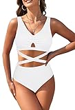 Pink Queen Women's Bandage Criss Cross Push Up Swimsuit Set Full Coverage Bikini Bottom Swimwear White XL