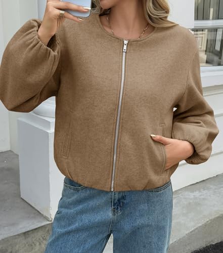 Tankaneo Womens Cropped Bomber Jackets Trendy Casual Collarless Pea Coat Zip Up Fall Short Jacket4