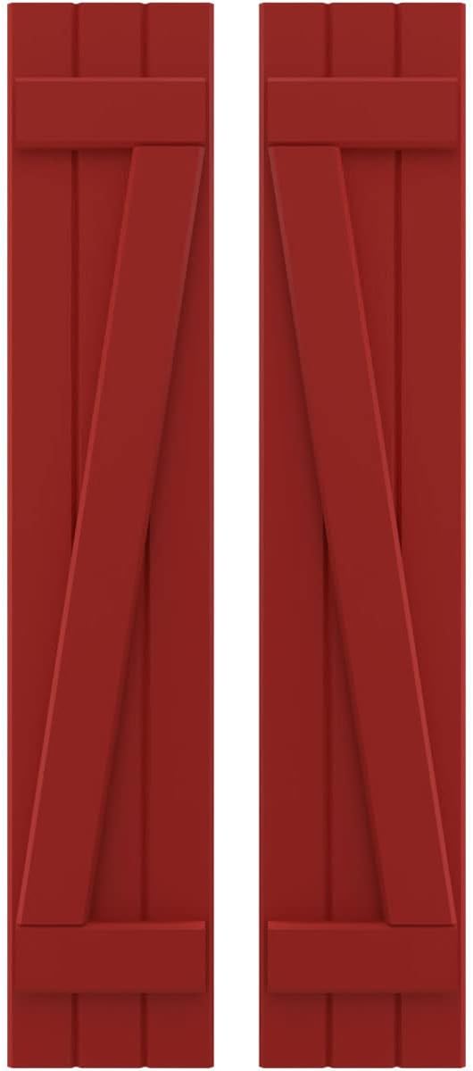 10 1/2"W x 33"H Americraft Three Board (2 Batten) Exterior Real Wood Joined Board-n-Batten Shutters w/Z-Bar (Per Pair), Fire Red