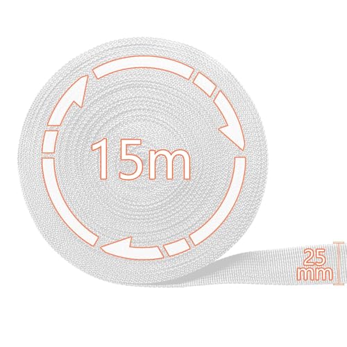 Mbsomnus 15M Gurtband Polypropylen Gurtband 25 mm Weiß Baumwolle Taschengurt Gurtbänder Wasserresistent Nylonband für Schneiden Nähen DIY Rucksack Gepäckgurten Handtaschen Hundeleinen
