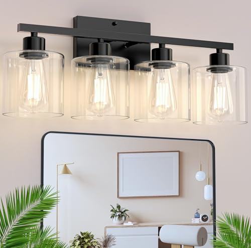 Image of Bathroom Vanity Light Fixtures 4-Light Black Wall Sconce, Brushed Nickel Mirror Light with Clear Glass Shade, Easy Install Bedroom Hallway Lighting, E26 Base