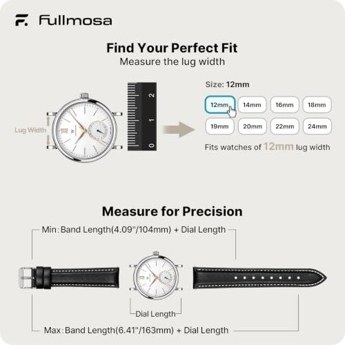 Image of Fullmosa 12mm Quick Release Leather Watch Band | Traditional Smartwatch Replacement Strap for Women Formal Daily Commute, Black&Silver Buckle