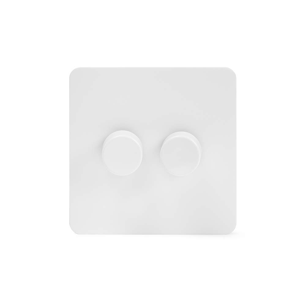 Soho Lighting White Metal Flat Plate 250W 2 Gang 2 Way Trailing Dimmer Screwless