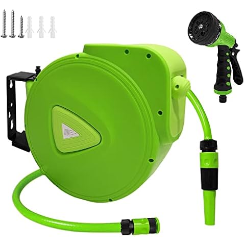 NAIZY Hose Reel 30m+2m Retractable Water Hose Pipe Reel with Hand Shower 180° Swivelling Wall Mounted with Automatic Stopball and Quick Lock Coupling, Green Cover