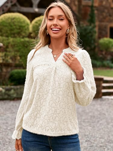 Simplee Womens Eyelet Dressy Blouses Tops Lace Casual Long Sleeve Hollow Out V Neck Fall Spring Boho Shirts3