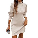 Apvirdy Womens Turtle Neck Sweater Pearl Dress 2025 Winter Soft Puff Sleeve Knitted Mini Dresses Trendy Apricot