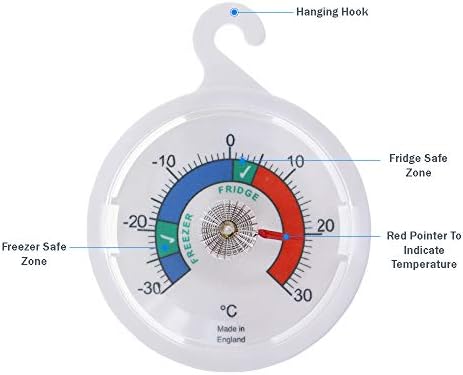 Twin Pack Fridge Thermometer Dial Refrigerator Thermometer, 65 mm Dial Fridge Freezer Thermometer with Coloured Zones