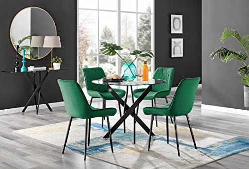 Furniturebox UK Dining Table - Novara 100cm Round Matte Black and Clear Tempered Glass Industrial Home 4 Seater Kitchen Dining Table & 4 Green Velvet Black Leg Pesaro Dining Chairs