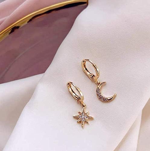 Amazon Brand HIKARO Personality Asymmetric Crystal Star Drop Earrings Delicate Joker Moon Style Women Earrings Jewelry